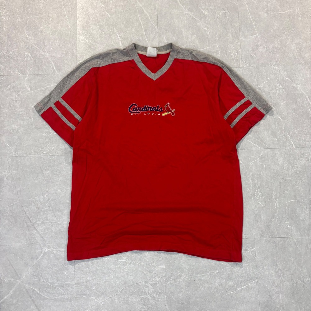 CSA St Louis Cardinals MLB V-Neck T-Shirt Red Gray Striped Sleeve Mens XL